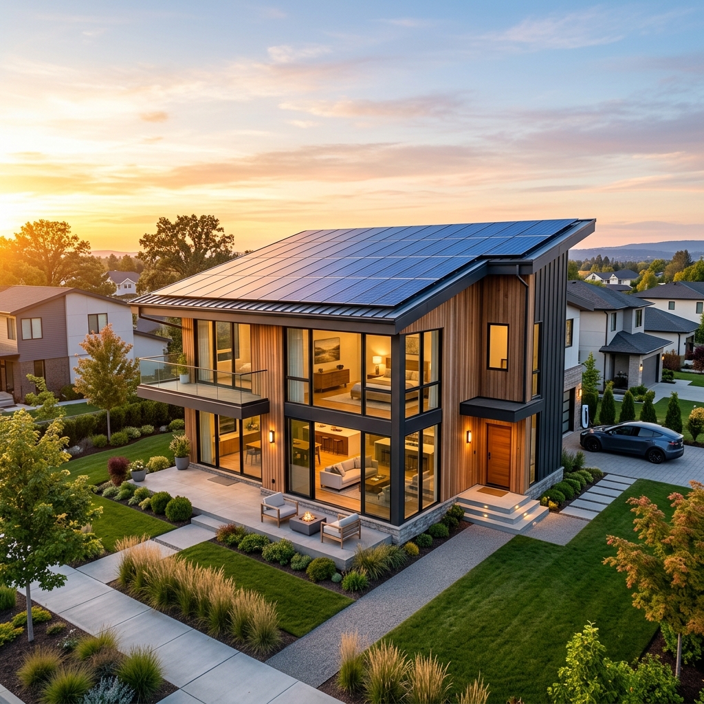 Eco-friendly residential home with rooftop solar grid